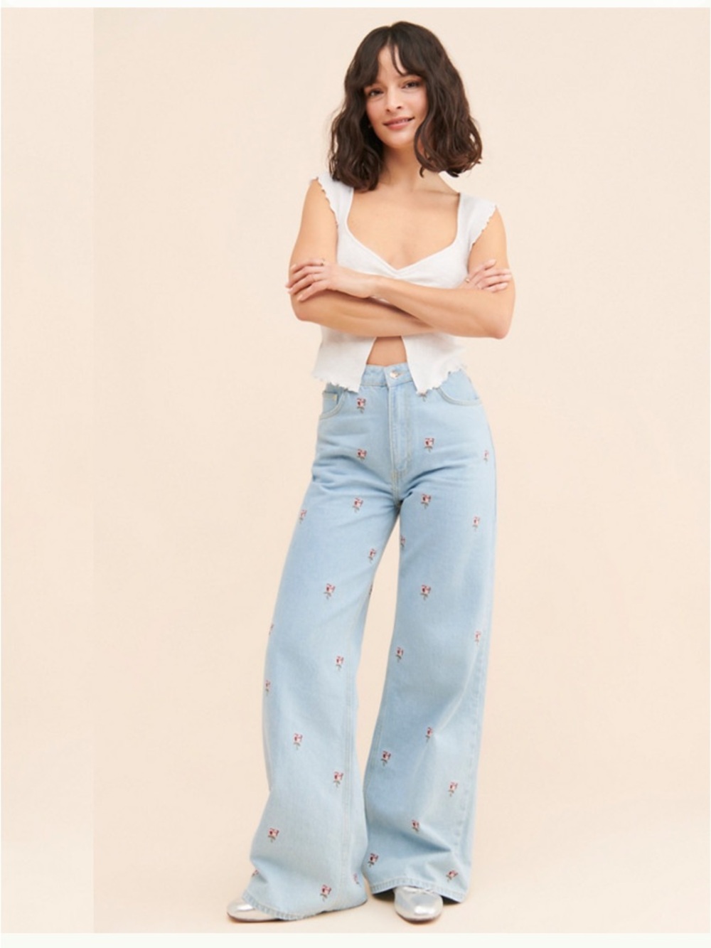 Farm Rio Jeans Rose Embroidery Denim Pants Wide Leg size 25